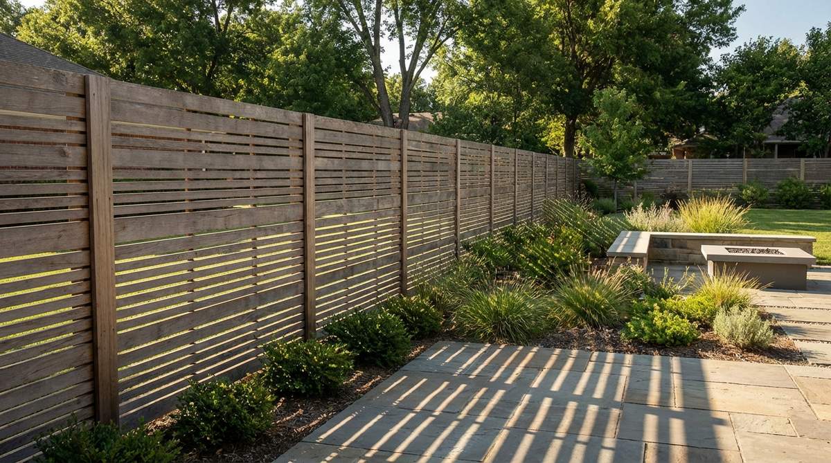 A contemporary garden fence featuring horizontal slatted boards with consistent 10mm gaps, creating rhythmic shadow patterns while providing privacy and air circulation. The design prevents a boxed-in feeling and works in both horizontal and vertical orientations for modern garden aesthetics.