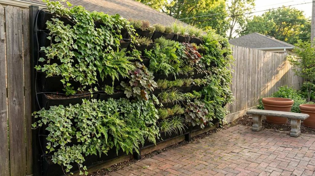 A lush vertical living wall installation featuring modular planting systems with trailing and compact perennials, demonstrating how to maximize planting area in urban spaces with proper irrigation.