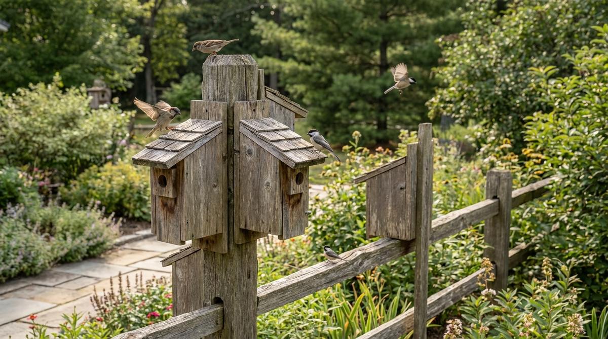 Weathered wooden birdhouses with rustic construction that attract wildlife while decorating fences and posts. The aged wood blends with natural surroundings, bringing motion and sound through bird activity. Mount at appropriate heights with proper entrance holes for target bird species.