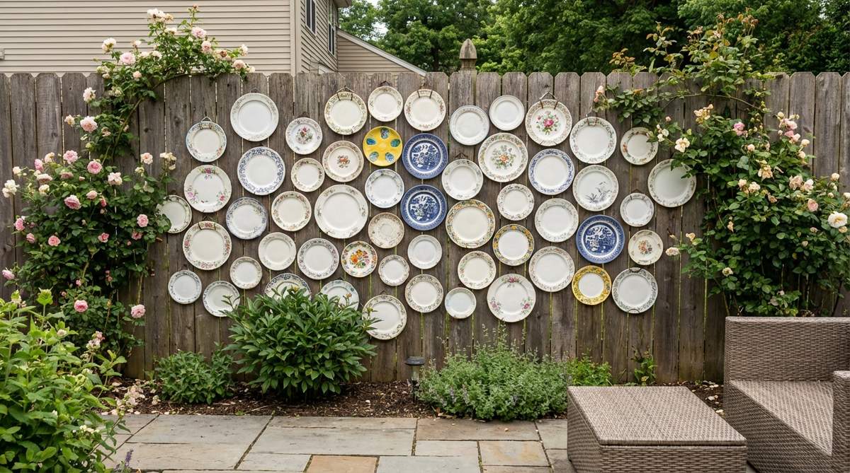 A collection of mismatched vintage china plates arranged as wall art on an outdoor fence, creating a colorful boho mosaic with varied patterns and scales. The plates are mounted using weatherproof adhesive or plate hangers, suitable for exterior decor.