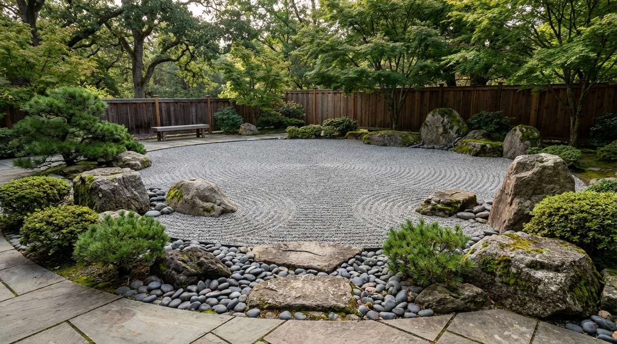 A minimalist Japanese stone garden with all stones arranged at the periphery, leaving a completely empty central void that becomes the primary focus. This advanced Zen garden design encourages meditation and self-reflection through deliberate absence of objects in the center.