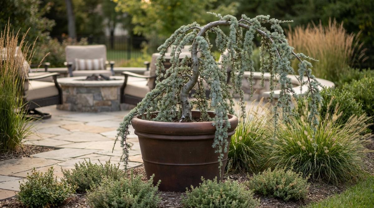 A close-up photo of a Weeping Blue Atlas Cedar tree in a 30-gallon pot, showcasing its cascading silver-blue branches and sculptural form, ideal for small gardens or container planting.