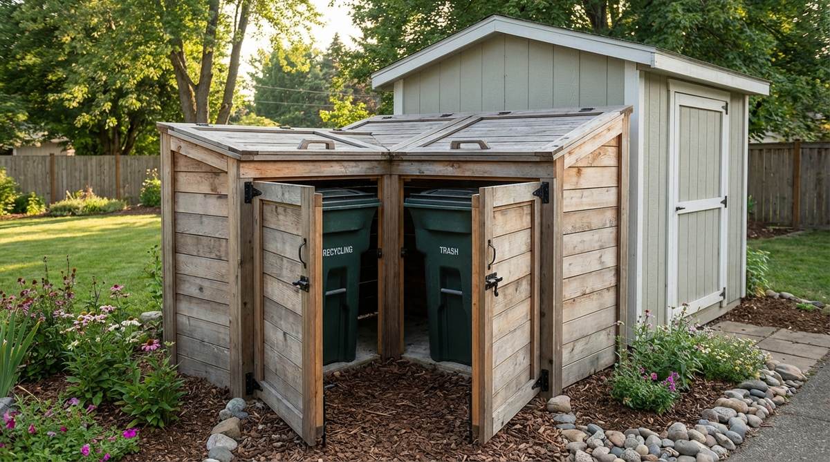 A purpose-built wheelie bin enclosure designed for small garden sheds, featuring a double or triple bay configuration to organize recycling, compost, and waste bins. It includes hinged lids for easy filling from above and front gates that swing open for convenient access on collection days, effectively containing odors and deterring pests.