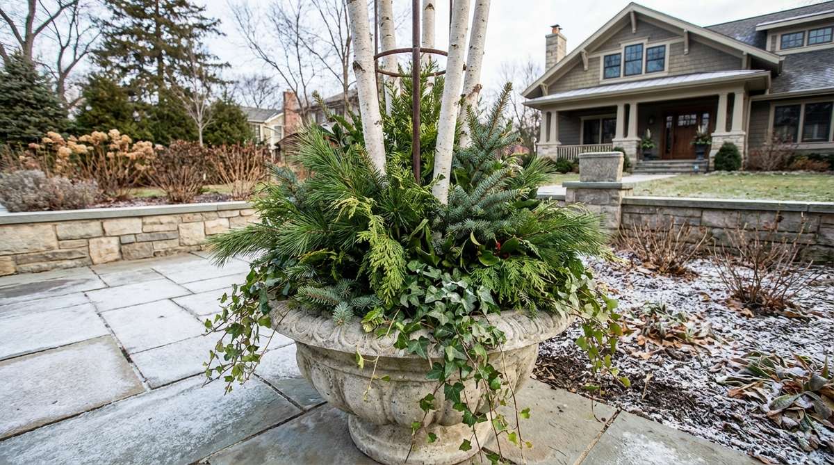 A large decorative urn shows winter container layering with evergreen branches, birch stems, and trailing ivy arranged at different heights around a central stake.