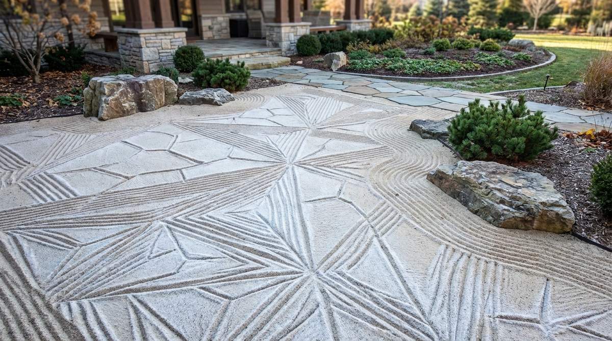 A zen garden sand pattern featuring angular, crystalline designs that mimic ice formations and winter's stark beauty. Sharp geometric intersections create faceted surfaces resembling ice crystals, using triangular and hexagonal formations for authentic crystal geometry. This pattern introduces seasonal variation to gardens viewed year-round, acknowledging climate changes through deliberate design shifts.
