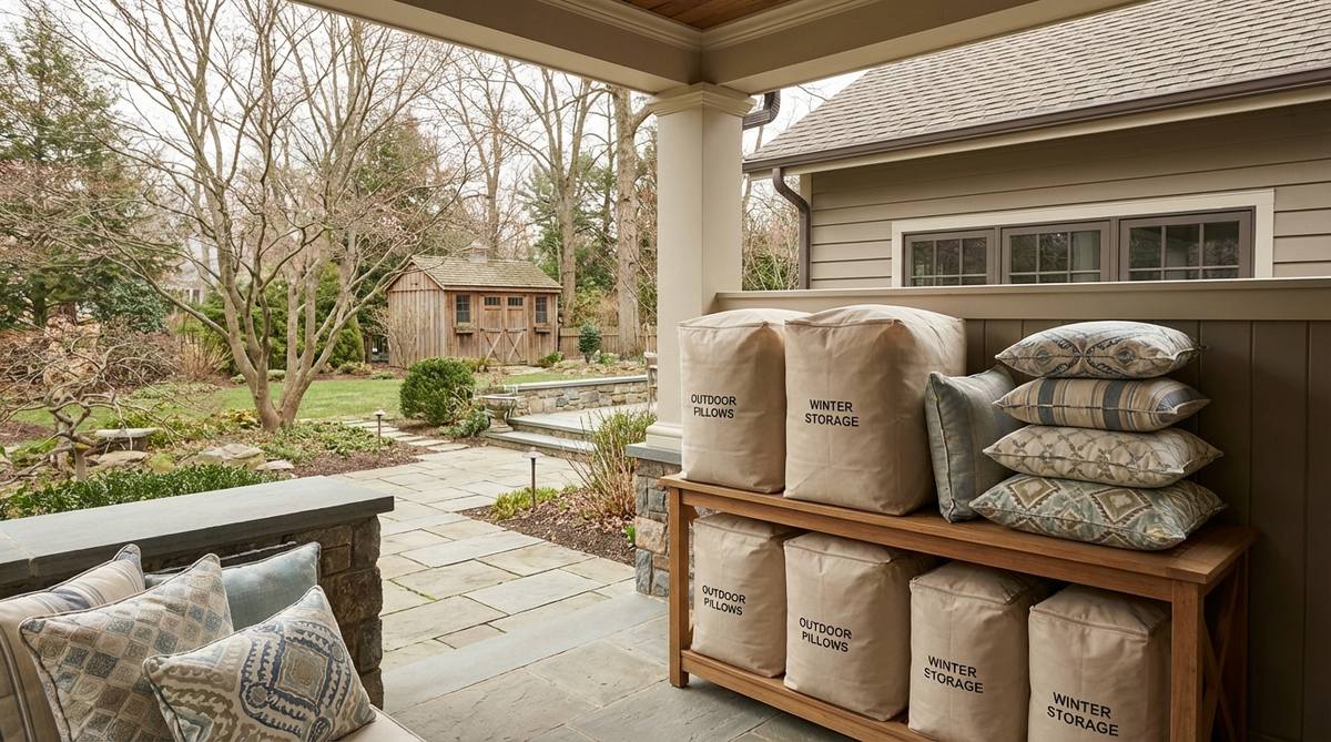 Breathable storage bags protecting outdoor decor pillows from moisture and pests during winter storage, with clean dry pillows ready for off-season preservation in climate-controlled spaces to extend fabric life.