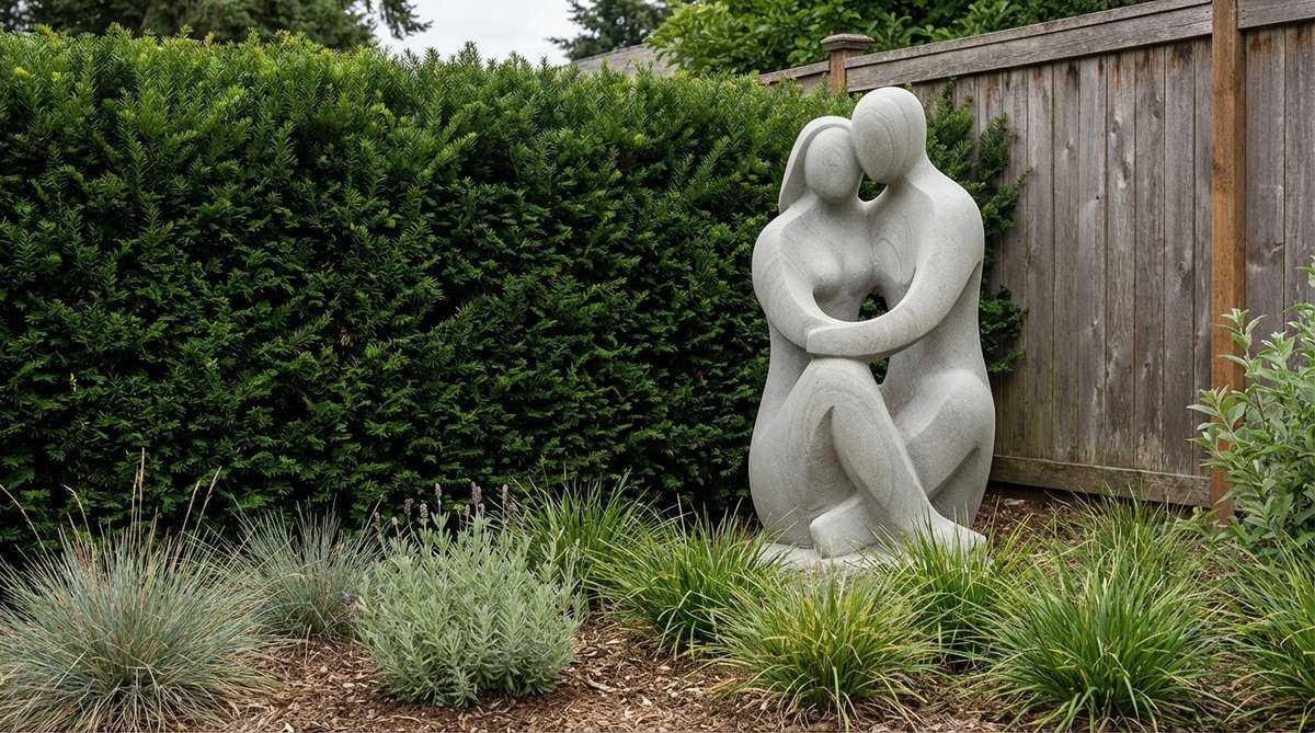 A modern abstract stone garden statue featuring simplified human forms reduced to essential curves and planes, designed to bring gallery aesthetics outdoors. Ideal for installation against walls or hedges where its silhouette stands out, with smooth surfaces that contrast natural planting textures while maintaining an organic connection through material.