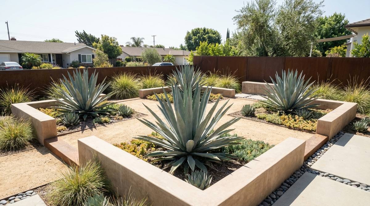 A striking image showcasing agave succulent specimens with bold rosettes and sword-shaped leaves, arranged as focal points in a modern dry garden. The geometric symmetry and gray-blue coloration of the agaves complement contemporary concrete and steel materials, highlighting their role in sustainable, low-water landscaping. The scene emphasizes optimal placement in full sun with excellent drainage, suitable for various climates including light frost zones.