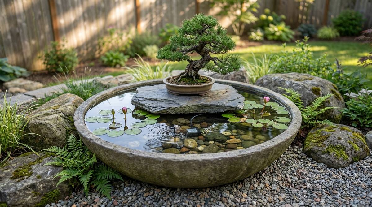 A bonsai tree positioned on a raised platform within a wide water bowl, creating an island effect with miniature aquatic plants like Water Lilies or Lotus in the surrounding water. Submerged stones add visual interest beneath the surface, and the water feature provides humidity regulation, sound, and movement, combining earth, water, and vegetation in harmonious balance for a Zen garden display.