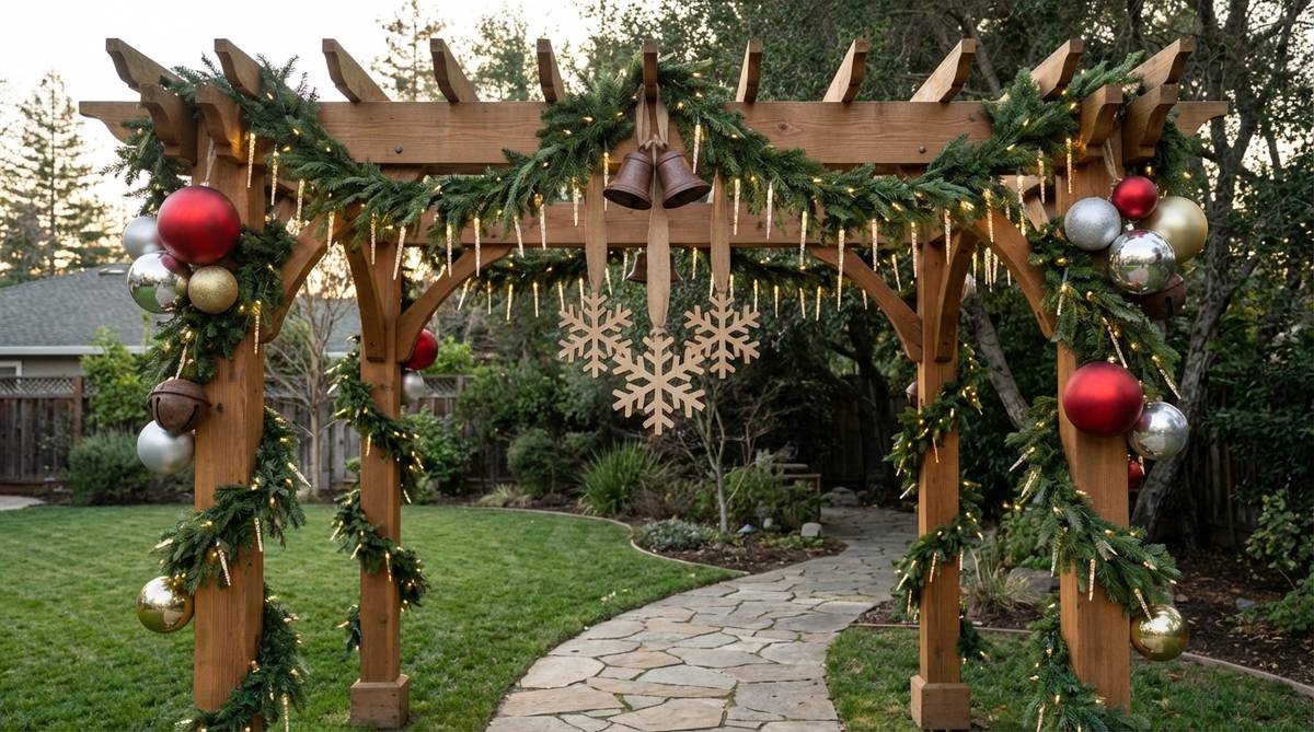 A garden arbor or pergola entryway decorated with garland draped across the top, cascading down vertical supports, and featuring oversized ornaments, bells, or snowflakes hanging from the center with ribbon or fishing line, enhanced by icicle lights for vertical interest, ideal for marking transitions between garden zones.