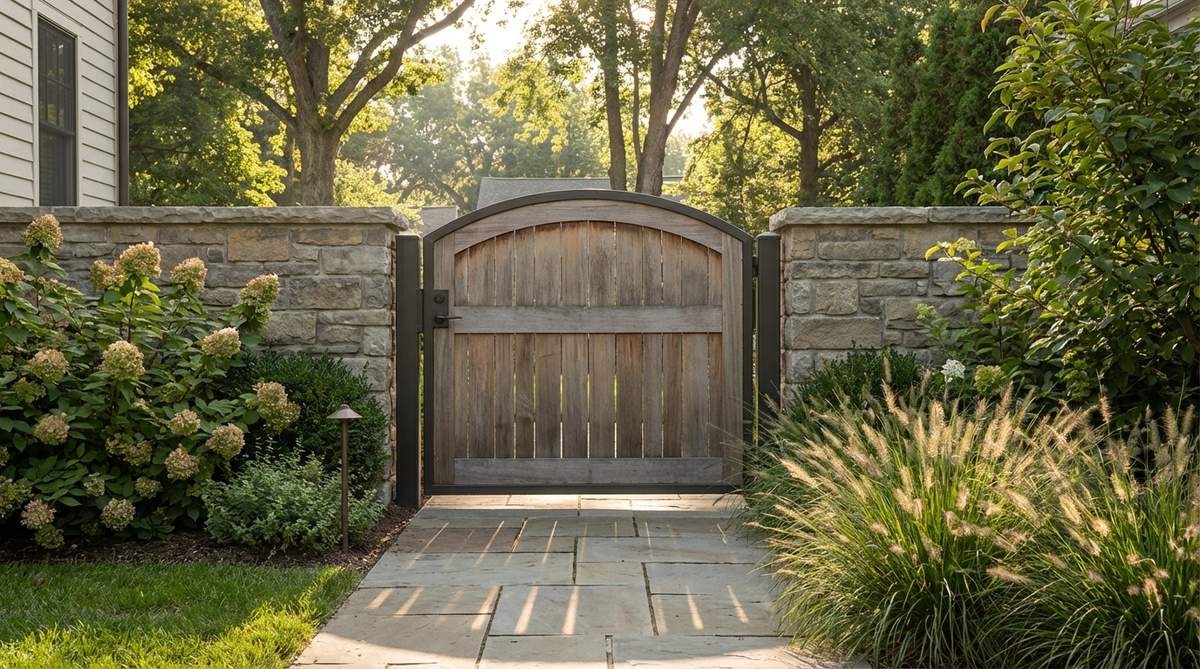 A modern garden gate featuring a gentle arched top that softens contemporary design while maintaining clean lines. The curved profile creates a welcoming focal point without traditional ornamentation, suitable for transitional designs that bridge modern and traditional aesthetics. The arch draws the eye upward, creating a perceived increase in height.