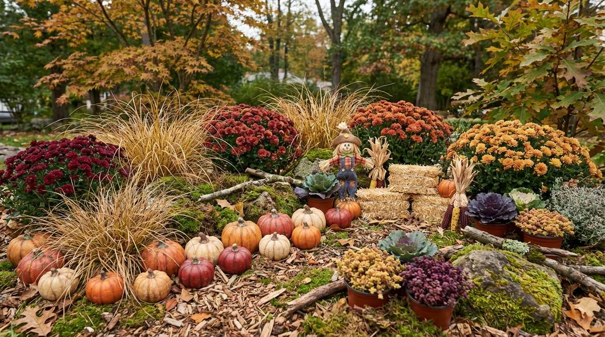 A miniature fairy garden scene featuring rows of resin pumpkins among dried grasses and fall-blooming mums, complete with tiny scarecrow, hay bale seating, and corn stalk bundles. The autumn aesthetic includes ornamental kale, miniature chrysanthemums, and sedum varieties in orange, burgundy, and gold colors that coordinate with changing foliage.