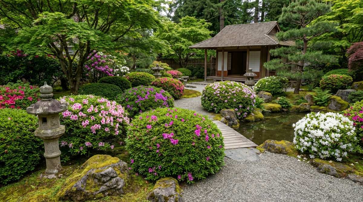 A Japanese garden featuring azalea shrubs expertly pruned into dense, rounded mounds using traditional techniques. The evergreen foliage provides year-round structure, with spring blooms adding seasonal color. The compact forms demonstrate careful shaping that maintains both aesthetic appeal and plant health.