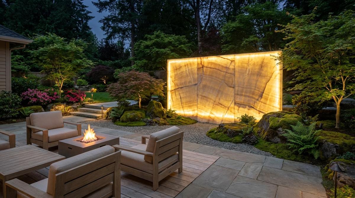 A modern Japanese garden showcasing a backlit stone feature, with strategic lighting behind translucent stone slabs creating a dramatic halo effect. The image highlights the use of materials like onyx, alabaster, or thin granite slices, transforming the stone into a glowing art piece at night, ideal for focal walls or standalone features.