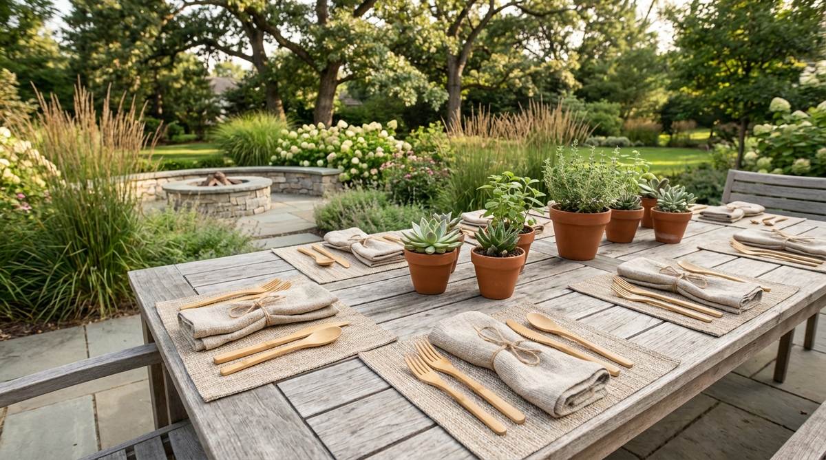 Sustainable bamboo flatware sets arranged with linen napkins tied with twine for boho party decorations. Natural wood grain patterns visible on lightweight utensils suitable for both hot and cold foods.