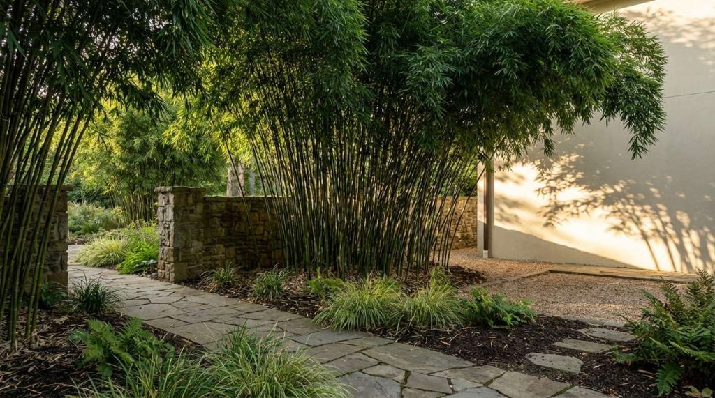 A lush clumping bamboo grove providing rapid privacy screening with dramatic vertical presence and rustling foliage for acoustic interest in a garden aesthetic setting, showcasing non-invasive varieties and striking shadow patterns from backlighting on adjacent walls.