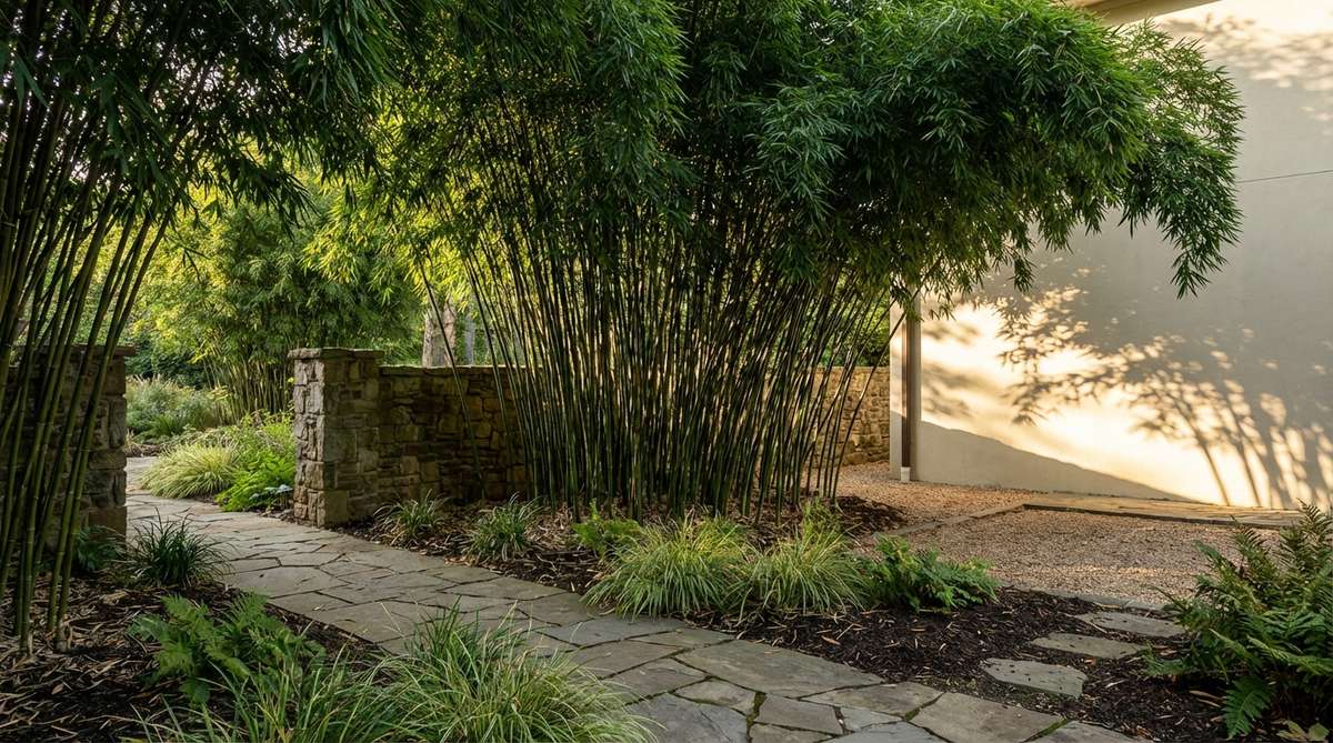 A lush clumping bamboo grove providing rapid privacy screening with dramatic vertical presence and rustling foliage for acoustic interest in a garden aesthetic setting, showcasing non-invasive varieties and striking shadow patterns from backlighting on adjacent walls.