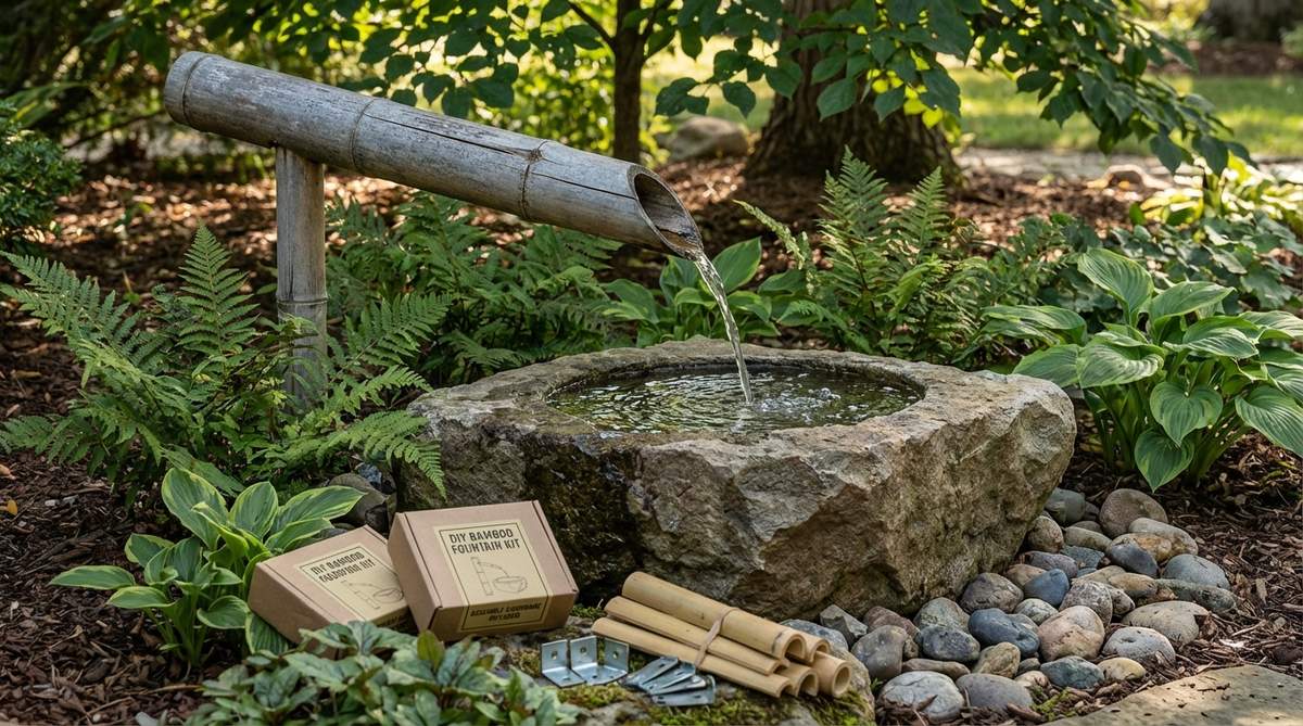 Traditional Asian-style bamboo water spout directing water into a stone basin in a small garden fountain. The natural bamboo shows a weathered gray patina from outdoor exposure, with the spout positioned 12-18 inches above the basin for optimal sound production. Assembly kits with pre-cut bamboo and mounting hardware make this project beginner-friendly.