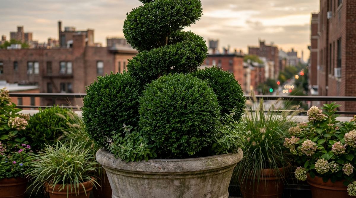 A formal boxwood (Buxus) topiary in a large container on an urban balcony, showcasing dense evergreen foliage that tolerates wind and shade, with structured globes or spirals adding architectural interest to eclectic plantings.