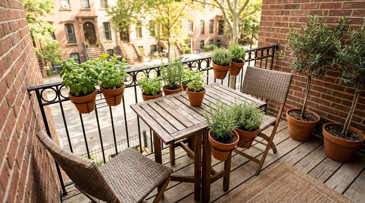 A cozy urban balcony breakfast nook featuring integrated gardening solutions with small herb containers mounted on table edges and railing-mount planters behind seating. Fresh aromatic herbs like basil and mint are arranged as living centerpieces on a bistro table, creating a seamless blend of dining space and functional garden in a compact outdoor area.