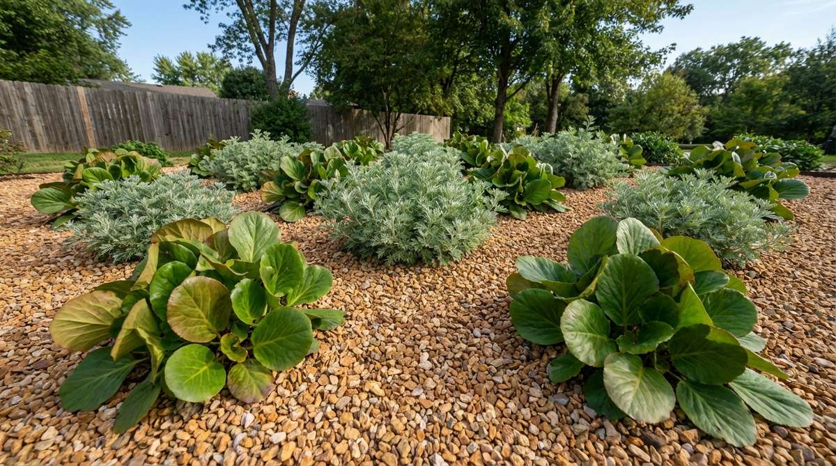 A close-up view of a gravel garden bed showing the dramatic contrast between broad-leaved bergenia or sedum plants and fine-textured thread-leaf coreopsis or artemisia. The plants are arranged in an alternating pattern with 18-inch spacing, creating distinct zones where the textures intermingle slightly at the edges. This pairing is designed for appreciation at close viewing distances where leaf details are visible.