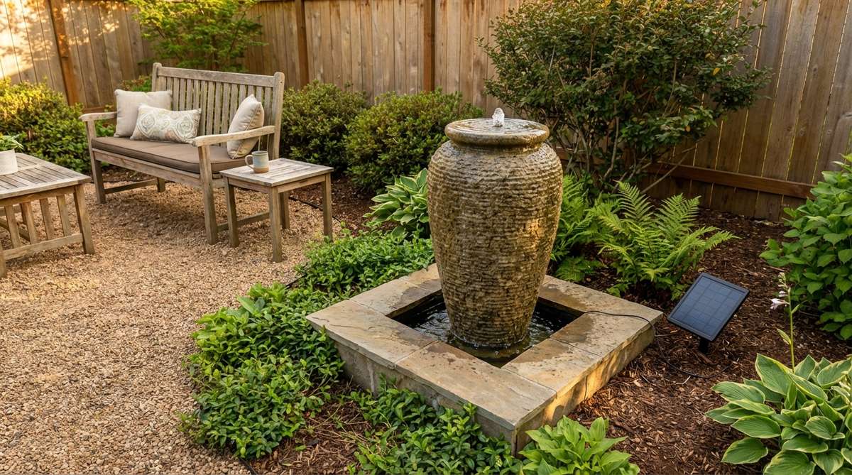 A self-contained bubbling urn fountain in a small garden backyard, featuring a vertical design that creates a focal point without consuming floor space. Positioned on a stable base near seating areas with a solar-powered pump, this fountain provides continuous water sound to mask urban noise and create a calming audio background for outdoor relaxation.
