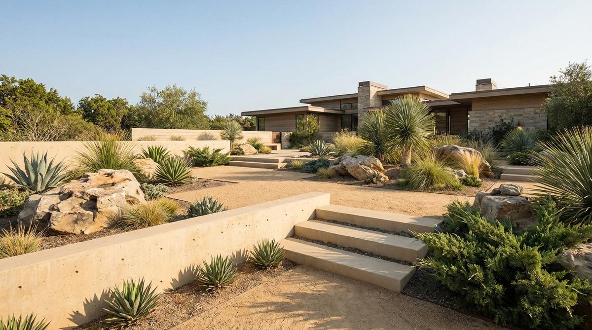 A modern zen garden design featuring buff-colored concrete seamlessly integrated with tan decomposed granite. This warm neutral palette creates tonal harmony between materials, emphasizing texture and form differences while providing visual warmth suitable for southwestern climates and drought-adapted plant communities.