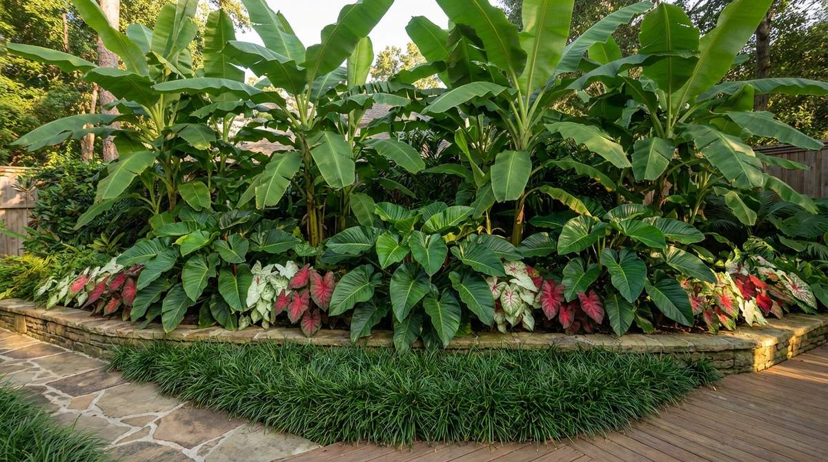 Illustration of a tropical garden design replicating rainforest stratification, showing the five-layer sequence from back to front: banana plants forming the canopy, philodendron and caladiums in the understory, and mondo grass as ground cover. The composition demonstrates how planting in bands creates depth perception in shallow beds, with tallest elements anchoring the rear.