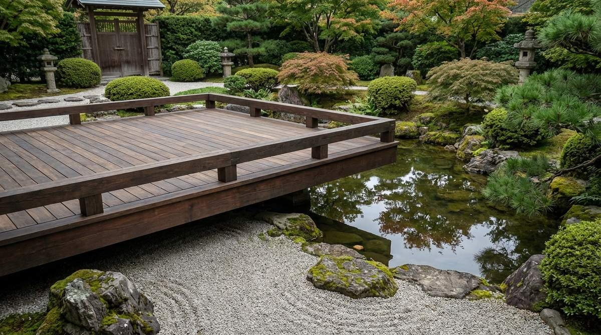 A structural deck extending beyond its support points, creating a floating effect that appears to hover without visible means of support, challenging perceptions about weight and gravity in a Japanese garden setting.