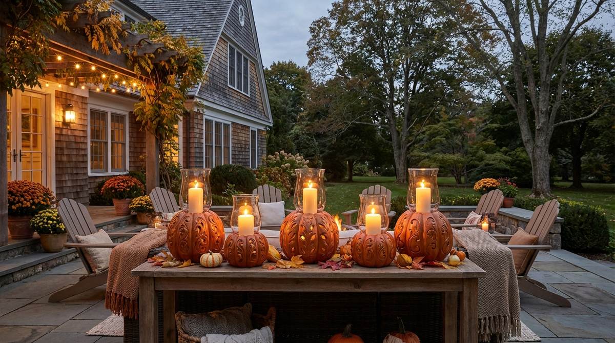 Elegant carved pumpkin candle holders with pillar candles protected by glass hurricane shades, creating warm ambient lighting for porches, patios, and outdoor fall gatherings.