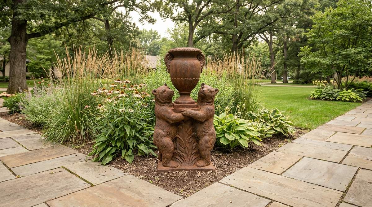 A cast iron garden statue featuring animal figures, urns, or abstract sculptures that serve as permanent focal points in rustic outdoor decor. The solid forms anchor planting beds and lawn areas, with a developing rust patina that integrates the statuary into aged garden character. Weighty pieces resist wind displacement and remain stable year-round, positioned at pathway intersections or sight line terminals.