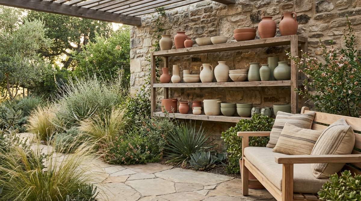 Handthrown ceramic vessels in matte earth-tone glazes like terracotta, cream, and sage arranged in odd numbers on open shelves. Features vases, bowls, and planters with visible throwing marks for functional art displays in boho decor.