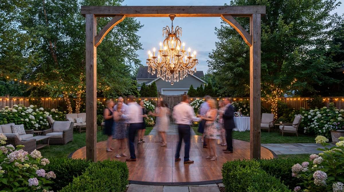 An elegant chandelier suspended above an outdoor wedding dance floor, creating a ballroom-like focal point with crystal or metal fixtures that reflect light. This decorative element adds formality to the outdoor space and is ideal for evening receptions, capturing dramatic photos with blurred dancing guests below.