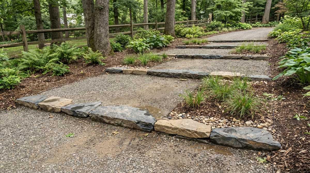 A close-up view of stone check dams installed perpendicular to a gravel garden path on a slope. The flat stones are set flush with the gravel surface, creating terraced sections that slow water flow and prevent erosion. The image shows proper backfilling behind the dams and demonstrates how this technique helps maintain path stability on grades steeper than 8 percent.