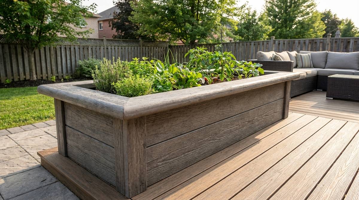 A durable composite woodcrete planter made from recycled wood fibers and cement, ideal for balcony garden boxes. This rot-proof planter mimics wood's appearance, resists warping, splitting, and fading, supports food-safe gardening, and lasts 20 to 30 years with minimal maintenance, featuring wide rims for comfortable seating edges.