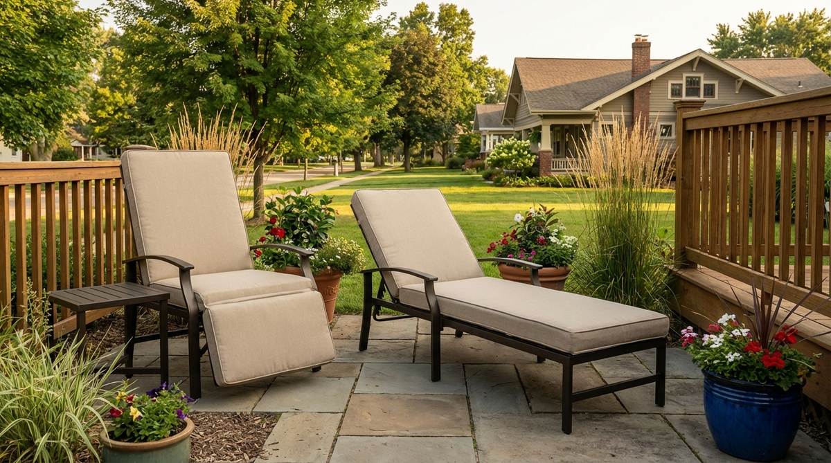 A versatile convertible lounger chair shown in multiple positions from upright seating to flat lounging, featuring quick-dry cushions with removable covers. Perfect for small patios and balconies where space is limited, this multi-position furniture adapts for reading, sunbathing, and socializing.