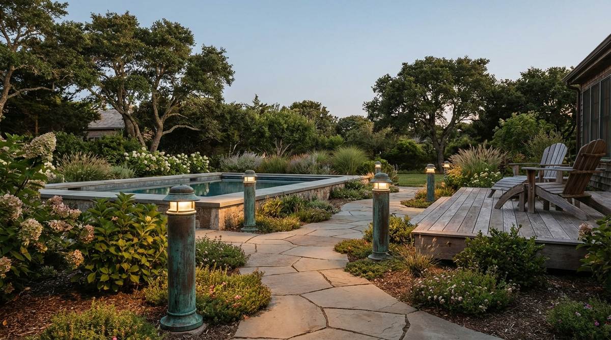 Copper path lights with low-voltage or solar options, featuring a verdigris patina for coastal charm. Ideal for illuminating walkways, pools, or garden edges with warm, glare-free light to enhance outdoor summer decor.