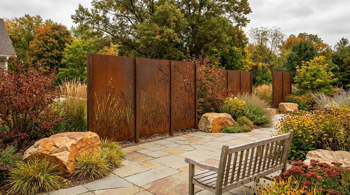 Weathering steel panels with laser-cut patterns of grasses, trees, or geometric designs, developing a rich rust patina over time. Ideal as privacy screens or backdrop elements in garden decor, complementing warm-toned hardscapes and autumn plantings.