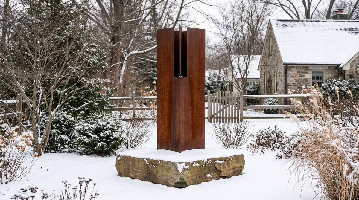 A Corten steel sculpture with rich rust patina stands elevated on a stone base against a snowy winter backdrop, creating a warm focal point in the dormant garden.