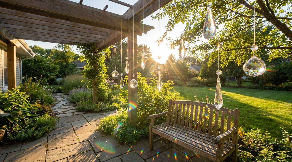 Faceted glass or acrylic crystals strung on fishing line catch sunlight to project rainbow patterns in garden decor. These whimsical hanging installations add sparkle and movement during daylight hours, ideal for suspending where direct sun strikes during golden hours.
