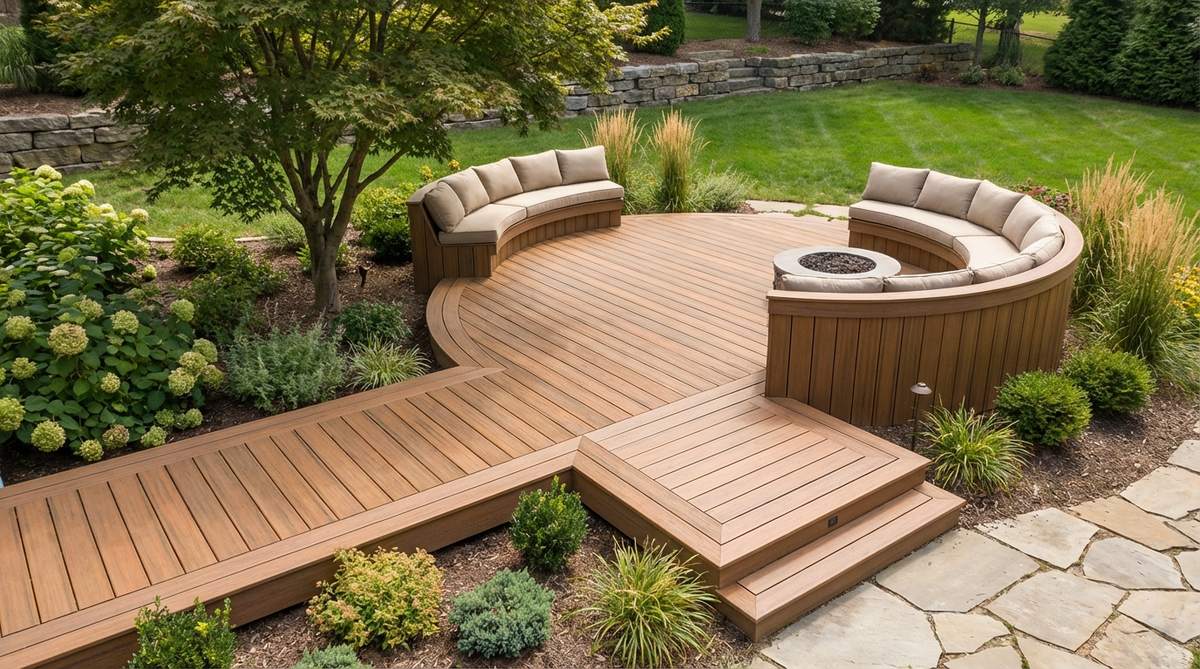 A small garden patio featuring a curved deck with straight sections, showcasing alternating curved and straight edges that create dynamic perimeters balancing organic and geometric elements. The design maximizes space with curves bowing outward at seating areas and straight sections defining circulation paths, adding visual interest from above or from the house.
