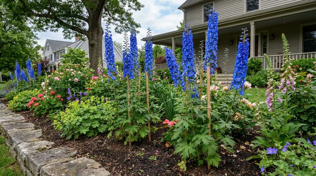 A true blue delphinium plant with tall 4-6 foot spires creating vertical accents in a cottage garden border. The delphiniums are planted 2-3 feet from the edge, visible between surrounding plants, with their intense blue color standing out. The image shows the plant's need for staking in exposed locations and highlights its role in garden design as a mid-border vertical element that thrives in cool summer climates with consistent moisture and slightly alkaline soil.