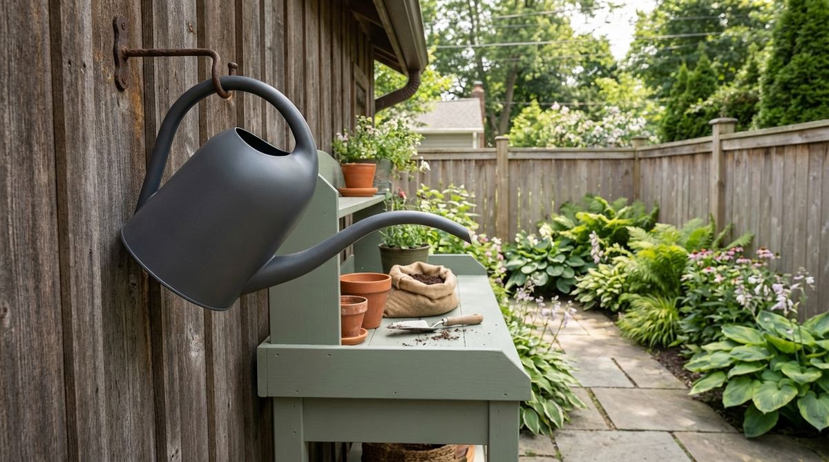 A sculptural watering can in powder-coated metal with innovative handle placement and spout design, displayed on a wall hook near a potting bench in sage green color, serving as both functional gardening tool and modern outdoor decor piece.