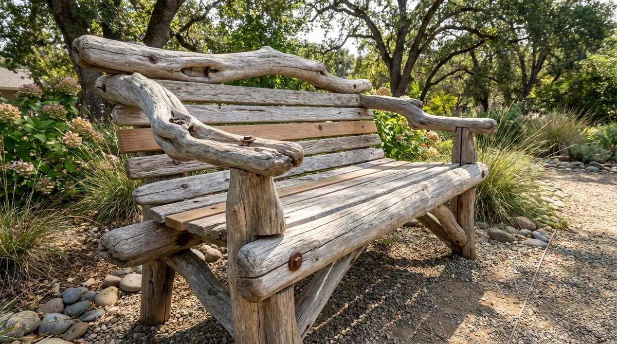 A rustic garden bench made from weathered driftwood, featuring sculptural seating with unique organic forms. The bench has smooth water-worn surfaces that require minimal preparation while providing comfortable contact points. Substantial driftwood pieces form the leg and frame members, bolted together through pre-drilled holes, with horizontal seat slats made from matching driftwood or contrasting smooth lumber.