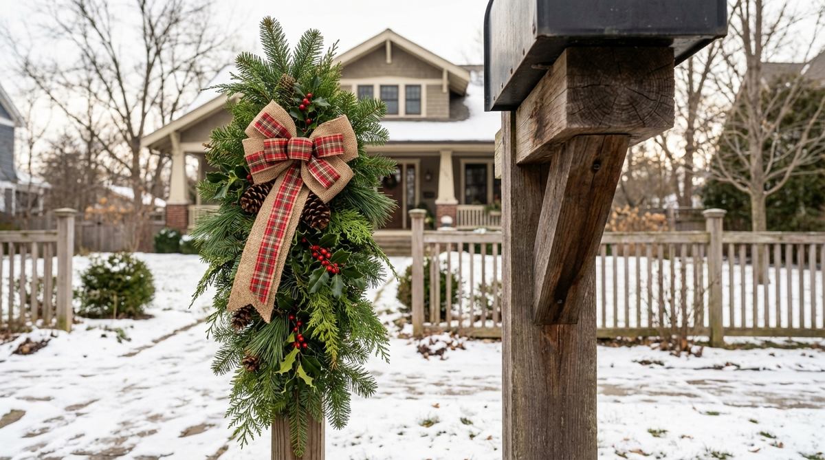 A festive evergreen swag attached to a mailbox post with decorative ribbon, showcasing natural Christmas decor for outdoor spaces. The vertical arrangement of mixed evergreen varieties creates a welcoming holiday display at the property edge.