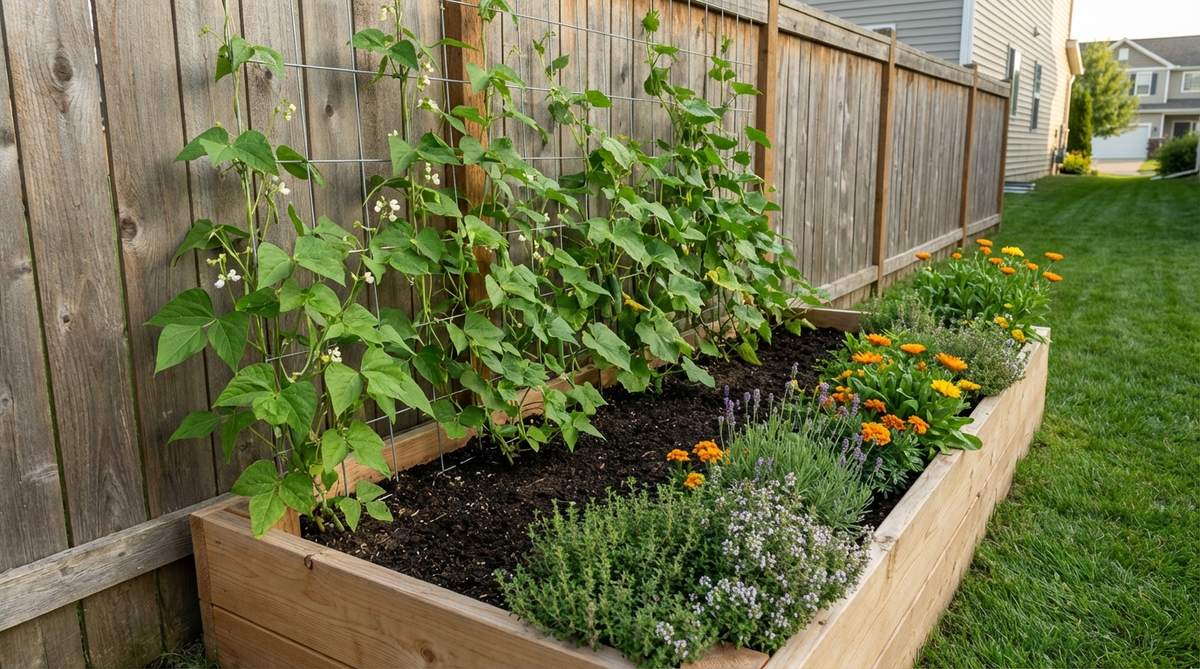 A shallow 18-inch-wide raised bed installed along a fence line, featuring vining crops like pole beans or cucumbers climbing the fence for support, with lower-growing herbs or flowers along the front edge. This design utilizes edge spaces in gardens, side yards, or along property boundaries to create a productive and privacy-enhancing garden feature.