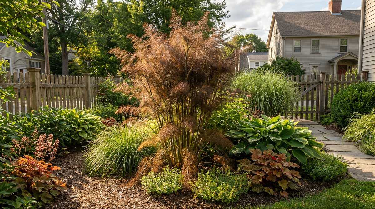 A tall bronze fennel plant with fine feathery foliage, reaching 4-6 feet in height, serving as a vertical accent in a small cottage garden. The deep bronze tones create dramatic texture contrast with broader-leafed plants, while allowing light to penetrate to plants below for efficient vertical layering in compact garden beds.