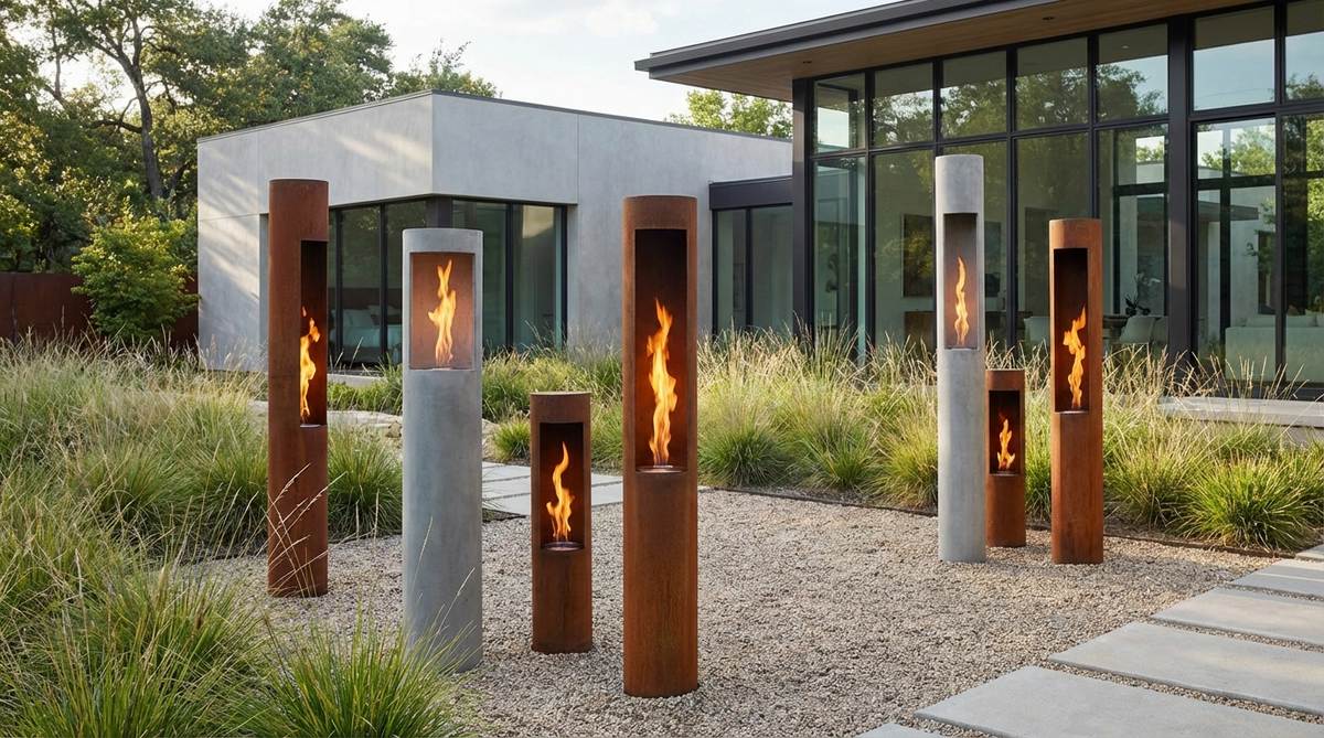 A tall, narrow fire column made of metal or concrete, providing vertical flames with minimal floor space. Multiple columns arranged at varying heights create a dramatic effect, connected to concealed propane tanks. This design suits contemporary aesthetics, complementing modern architecture with clean lines.