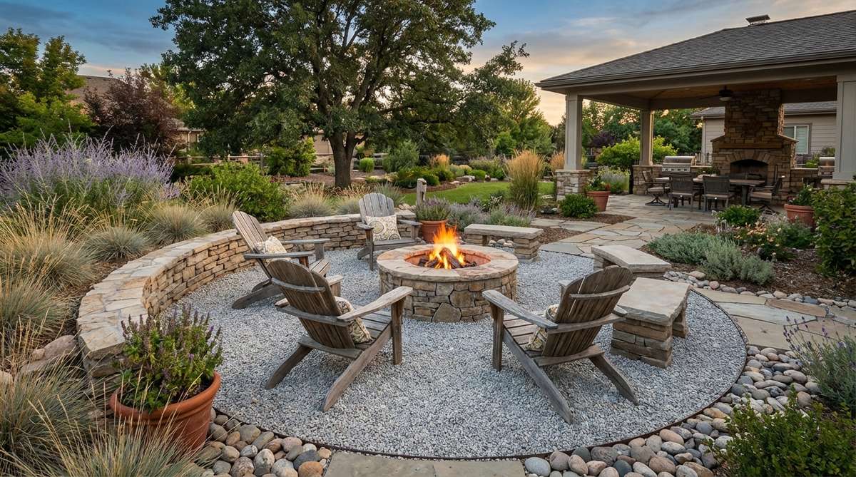 A gravel garden fire pit gathering area showing a circular arrangement with seating around a fire feature. The gravel provides safe, non-combustible surfacing that won't ignite from sparks and offers proper drainage for outdoor gatherings.