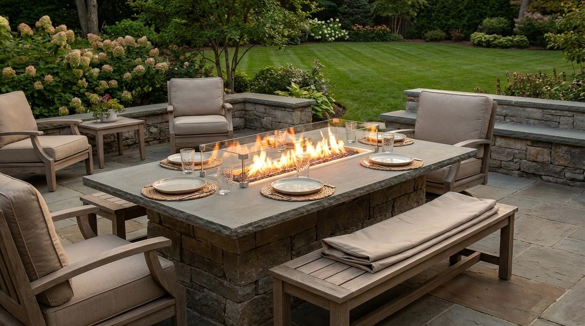 A cozy garden scene featuring a dining table with an integrated gas fire feature, combining meal surfaces with ambient warmth. The flames are centrally located, surrounded by plates and glasses, with a protective cover shown nearby to convert it into a standard dining surface when not in use, highlighting its dual functionality for space-efficient gardens.